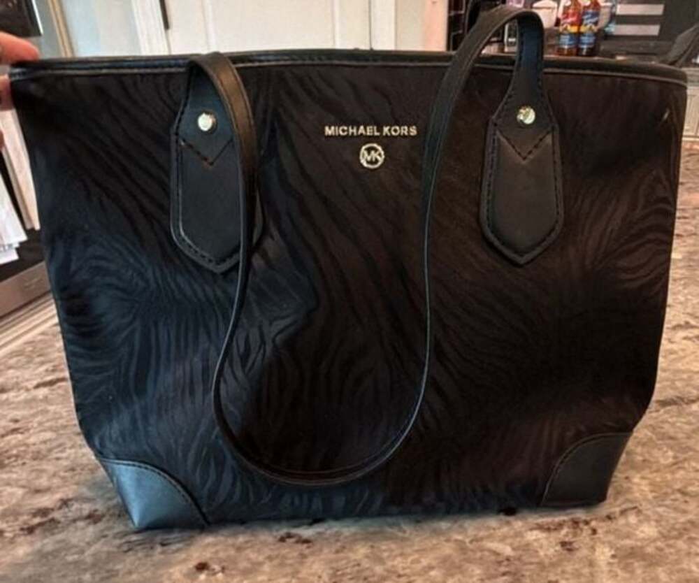 Michael Kors Black Animal Print Nylon Small Carryall Tote Bag